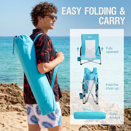 Green Folding Beach Chair for Adults with Cup Holder Mesh Back Support 2 Pack