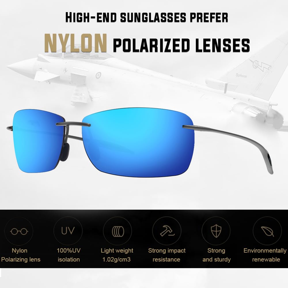 JULI Sports Sunglasses for Men Women Tr90 Rimless Frame for Running Fishing Golf Surf Driving MJ8010（Black/Blue）