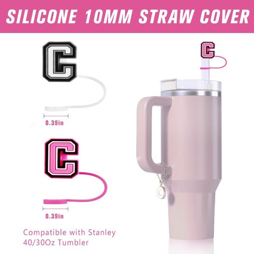 Orehymbe Letter Charm Compatible with Stanley Cup, 2PCS Personalized ID Initial Letter Charm Accessories with 2PCS Straw Cover Cup for 30&40 Oz Tumbler with Handle 10mm (Letter C)