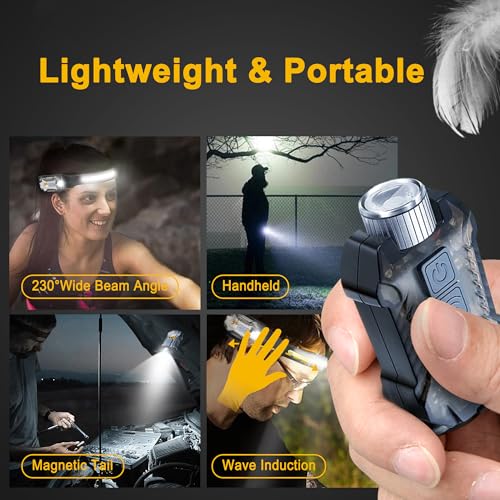 Head Lamp Led Rechargeable, 230¡Æ Wide Beam Sensing COB Headlamp Flashlight Detachable, 9 Light Modes, Hard Hat Lamp, IP65 Waterproof 400 Lumens for Camping, Hiking, Fishing, Working, Gift (Black)