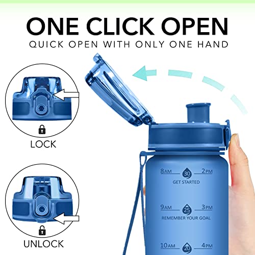 Aqua Blue 32oz Water Bottle with Time Marker & Strap, Leak-Proof BPA-Free