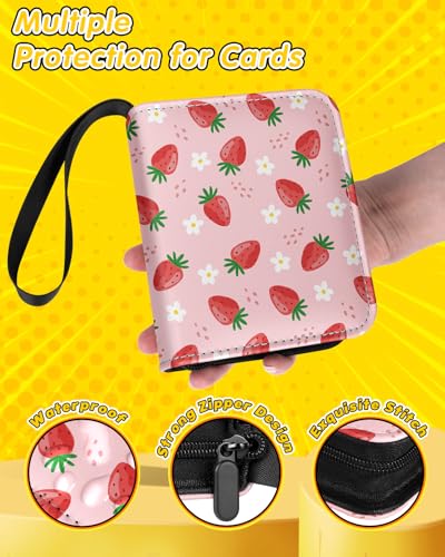 Mini Size Card Binder for 80 Cards with Strawberry Design - Portable Trading Card Album for Girls Teens Kids
