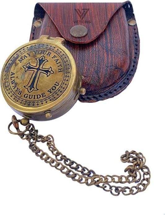 VETERIS Directional Engraved Compass Working May Your Faith Always Guide You, Baptism Gifts with Leather Case or Wooden Case for Loved Ones, Son, Father, Love, Partner, Spouse, Fiancé.