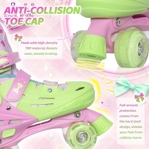 Kids Adjustable Roller Skates with Light-Up Wheels - Green, Medium (13C-3), Princess & Tie-Dye, Indoor Outdoor, Birthday Gift