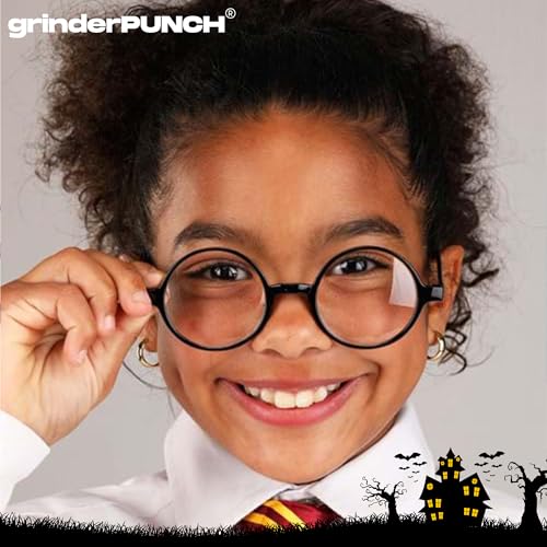 grinderPUNCH Kids Childrens Wizard Nerd Round Black Frame Glasses, Clear Lens (Age 4-12)
