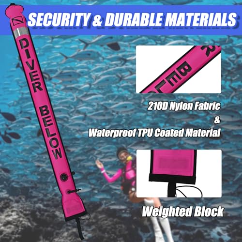 Pink 5ft Surface Marker Buoy Set with Reflective Strip and 100ft Reel for Diving