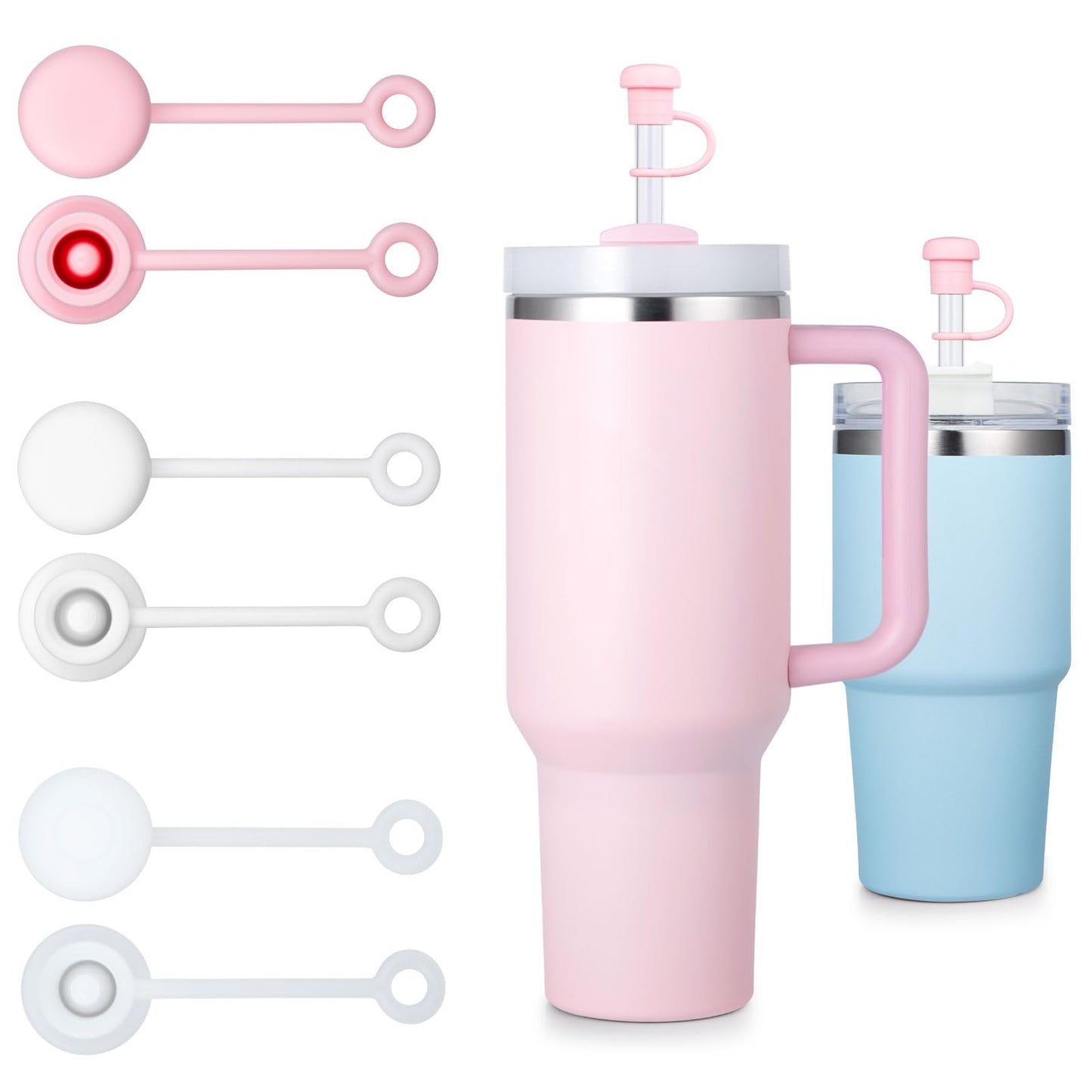 6-Pack Straw Covers for Stanley Cup, Silicone Straws Topper-s for 40 30 20 oz Stanley Cups Accessories, Straw Cover Caps for Yeti Tumbler, Cute Leakproof Anti-Dust Reusable, Pink White Clear