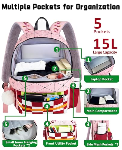 Pink Anime Backpack 15 Inch Casual Travel Laptop School Bag