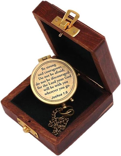 Be Strong And Courageous, Joshua 1:9, Solid Brass Directional Engraved Compass - Baptism, First Communion, Confirmation Gift for Boys, Girls, Men - Christian Catholic
