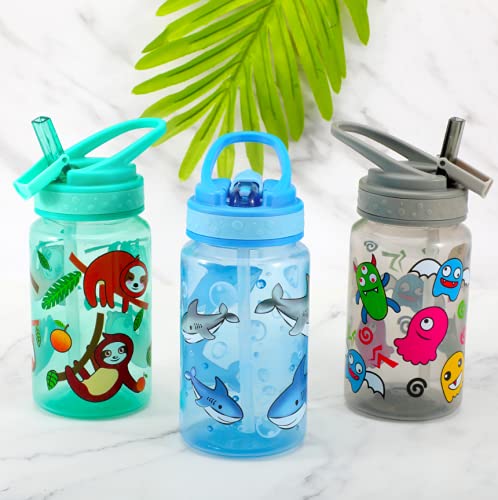 Kids Water Bottle 15oz BPA Free Leak-Proof Flip Straw Drink Bottle - Shark & Sloth & Monster