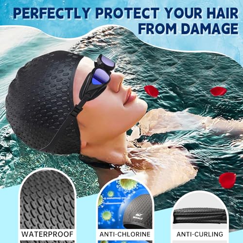 Extra Large Swim Cap for Long Hair & Curly Hair with Waterproof Ear Design - Black