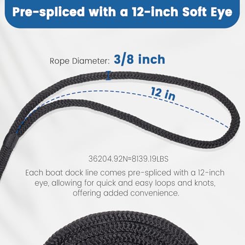 3/8 Inch x 10 Foot Nylon Dock Lines - 2 Pack with Pre-Spliced Soft Eyes
