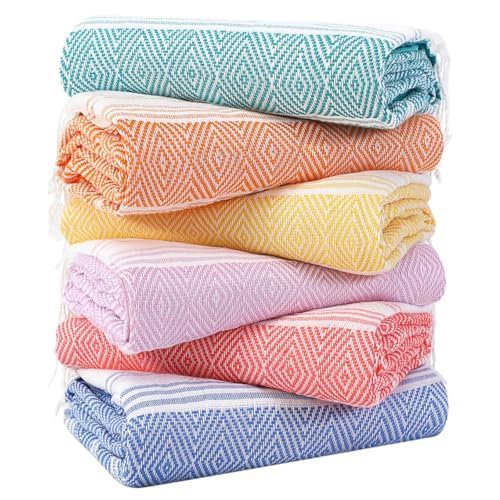 Genovega 6 Packs Oversized Turkish Beach Towels Set Bulk 74"x38" Extra Large Sand Free Quick Dry Swim Bath Camping Pool Towel Travel Blanket Adult Essentials Cruise Accessories Vacation Stuff