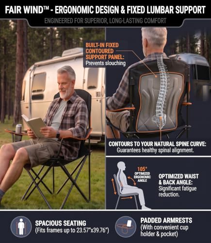 Fair Wind Padded Oversized Camping Chair with Lumbar Support - Black, Single Pack