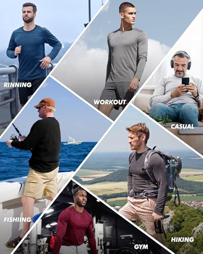X-Large 7 Pack Men's Long Sleeve Quick Dry Sun Protection Gym T-Shirts - Black, Grey, Blue