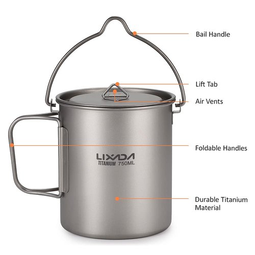 HUIOP Titanium Cup, Ultralight 750ml Titanium Pot Portable Titanium Water Mug Cup with Lid and Foldable Handle Outdoor Camping Cooking Picnic