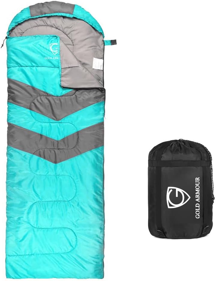 Gold Armour Sleeping Bags for Adults Cold Weather & Warm - Backpacking Camping Sleeping Bag for Kids 10-12, Girls, Boys - Lightweight Compact Camping Essentials Gear Accessories, Left Zipper