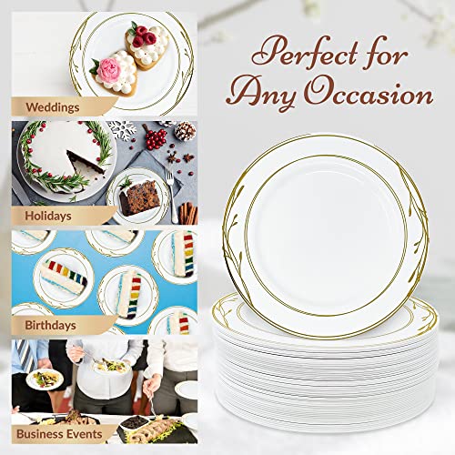 Disposable Plastic Dessert Plates 7.5 Inch White with Gold Rim - Pack of 50