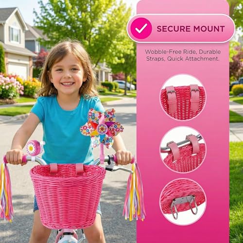 Pink Kids Bicycle Basket Set with Bell, Stickers, Windmill & Tassels