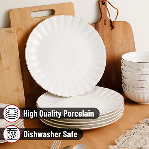 8 Inch White Dessert Plates Set of 6 with Gold Trim - Porcelain Small Appetizer Plates
