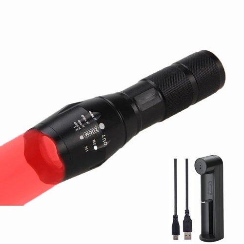Rechargeable 250 Yards Red Light Flashlight, One Mode Long Range Light Super Bright Tactical Flashlight with Zoomable Waterproof Red Hunting Light for Astronomy Aviation Night Observation etc