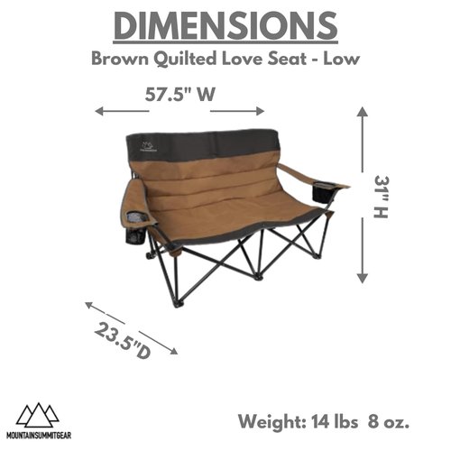 MOUNTAIN SUMMIT GEAR Quilted Low Loveseat Camping Chair for 2 with Padded Seat and Back for Camping/Hiking/Backpacking Made by Caddis Sports (Low Loveseat (Brown))