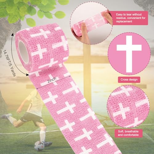 Geiserailie 12 Pack Christian Athletic Tapes 2 Inch x 5 Yards Self Adhesive Bandages Sports Wraps Breathable Elastic Wrap Non Woven Bandage for Wrist, Ankle, Baseball Football(Pink)