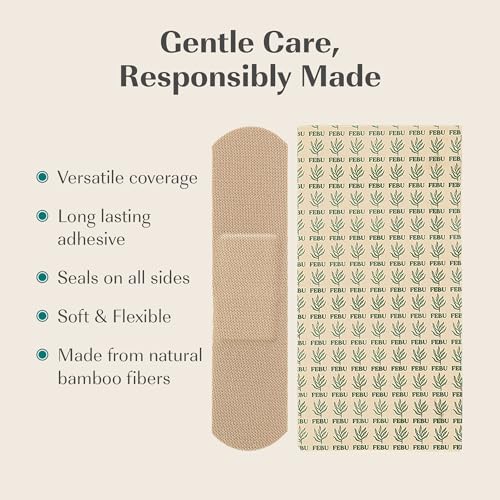 FEBU Bamboo Fabric Bandages | PFAS Free Flexible Fabric Bandages | Latex Free Bandage | Natural Hypoallergenic Bandage for Scrapes, Cuts & First Aid | 1in x 3in | 100 Count Pack
