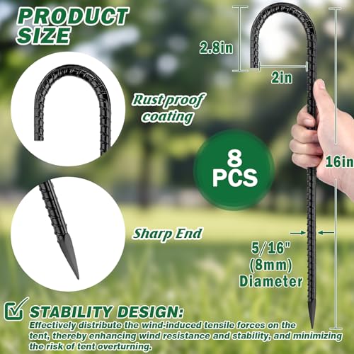 16 Inch Ground Stakes Heavy Duty,8 Pack Metal Fence Stakes for Ground for Wire Fencing,Heavy Duty Long Tent Stakes for Trampolines Camping Canopies and Swing Set