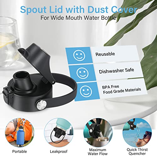 Auto Flip Lid for Hydro Flask Wide Mouth - Black with Button Lock - Fits Iron Flask & Simple Modern - Replacement Spout