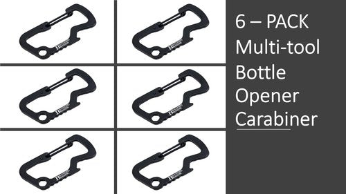 Branded Boards Bushcraft Key Chain Bottle Opener Carabiner Snap Clip Hooks Hiking, Backpacking, Camping, Hunting, Fishing, Biking, Skiing, Tailgate Parties (Bottle Opener Multitool 6-Pack Black)