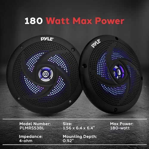 5.25 Inch Marine Waterproof Speakers with LED Lights - 2 Pack, 180W, Low Profile