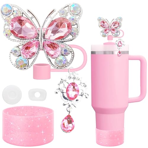 5pcs Pink Stanley Cup Accessories Set, Including Butterfly Straw Topper, Sparkly Silicone Boot, Stoppers Spill Proof, Shiny Charm Fits Stanley 40&30 Oz Tumbler with Handle