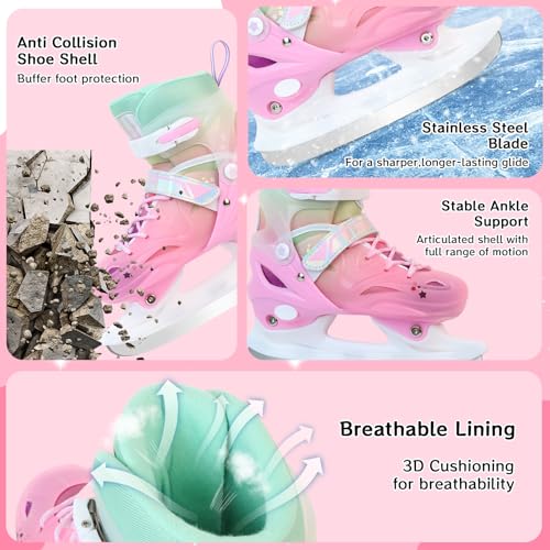 Adjustable Girls Ice Skates for Kids - Pink, Small (US 10C-12.5C) - Beginner Hockey Skating Shoes