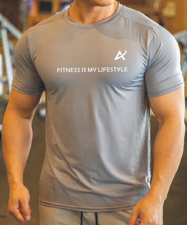 A AFMAC Mens Athletic TOP Activewear Tshirt Polyester Spandex Grey M to L [67-69 CM] (B, Polyester Blend)