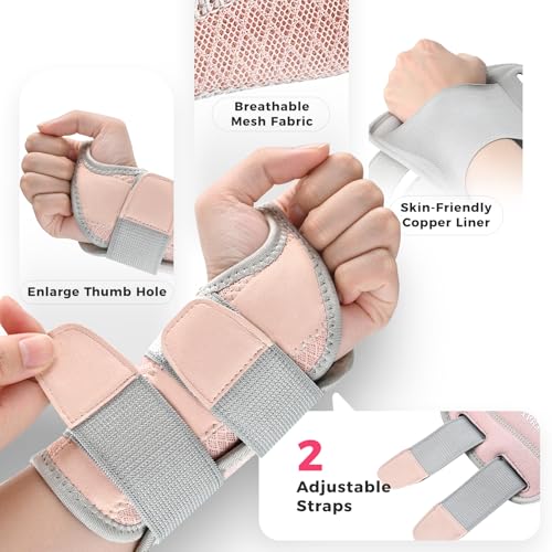 Adjustable Copper Infused Wrist Brace for Carpal Tunnel Support - Pink, L/XL - Right Hand