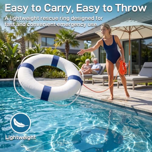 White-Blue 20 Inch Life Preserver Ring with 98.4ft Floating Rope - Pool & Boat Safety Float - Throwable Lifebuoy Set
