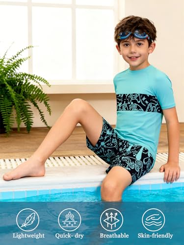 Boys Rash Guard Swimsuit 2-Piece Set with Shirt - Turquoise 11-12Y