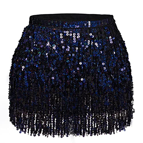 Black Sequin Tassel Hip Scarf for Belly Dance Women - 12 Inches