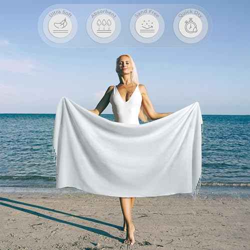 Turkish Beach Towel Absorbent & Quick Dry Oversized (39" x 71") - Decorative, Versatile and Functional as Beach Blanket, Yoga, Gym, Pool, Swim and Bath Towel - Ecru