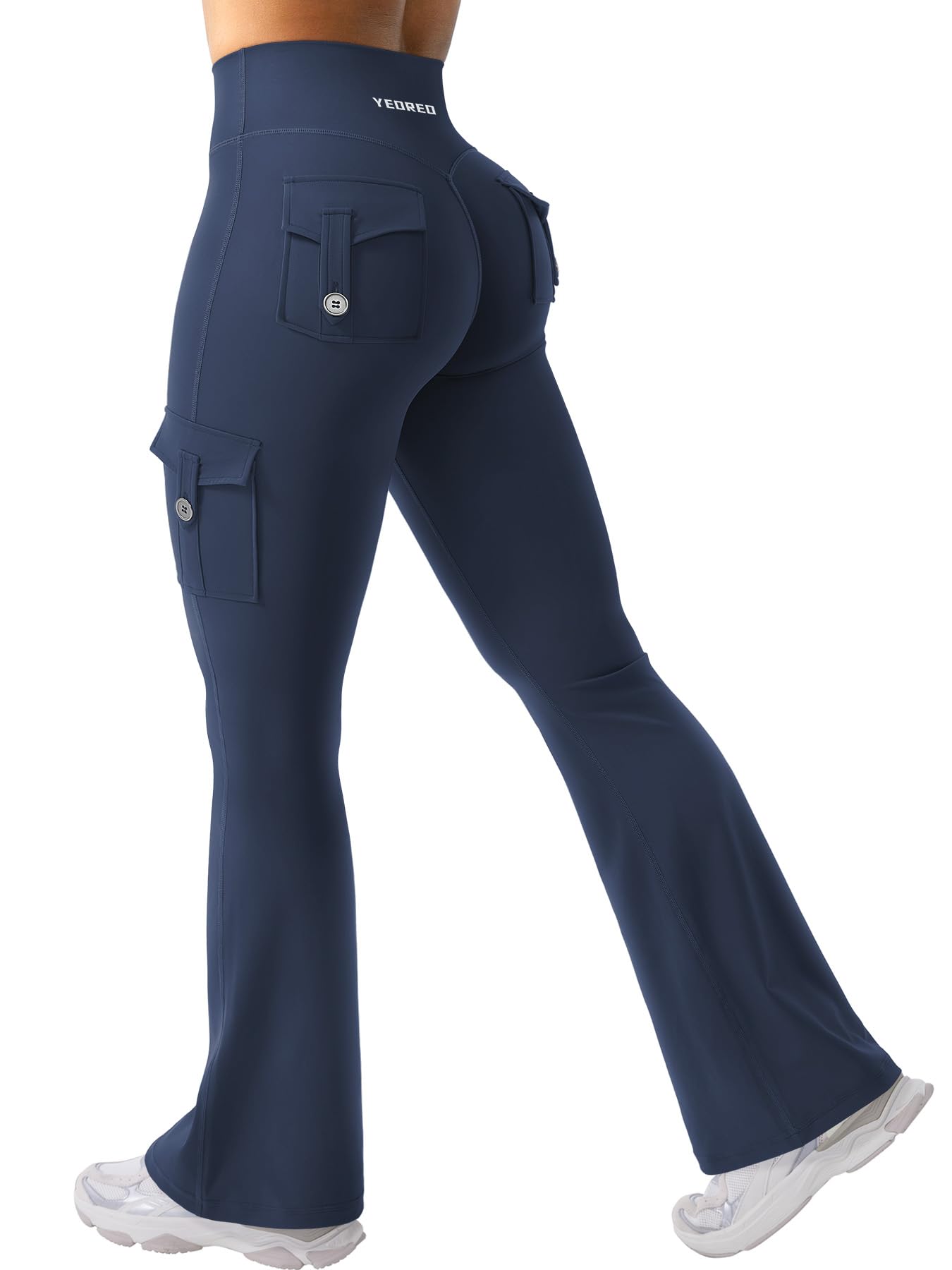 YEOREO CoreFlex Women Workout Flare Leggings with Pockets Hidden Scrunch High Waisted Cargo Gym Yoga No Front Seam Leggings Blue Navy XS