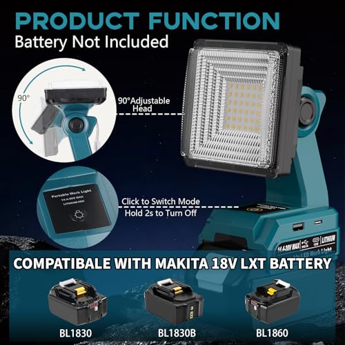Blue 1500LM LED Work Light for Makita 18V LXT Batteries, Portable Flood Light with USB-C, 90° Rotating Head - Tool Only