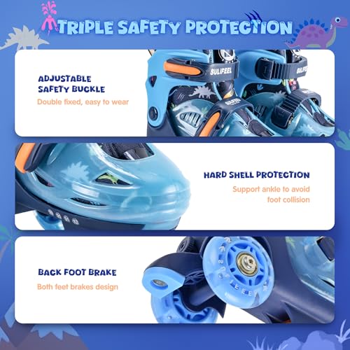 Adjustable Toddler Roller Skates for Girls Boys Kids Dinosaur Blue XS-Small 8C-11C US Light-Up Wheels