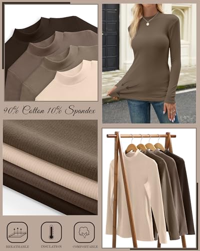 Women's Ribbed Thermal Mockneck Long Sleeve Tops - Medium Dark Brown Mocha Light Khaki Apricot