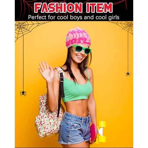 Toulite 12 Pieces Y2K Spider Web Beanie Gothic Graphic Beanies Outdoor Winter Warm Knitted Hat for Men Women