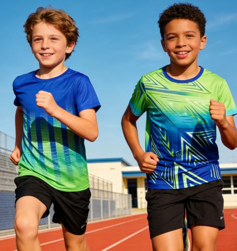 Kids Soccer T-Shirt Boys Athletic Quick Dry Moisture Wicking Size 7-14 Green Blue, 9-10 Years
