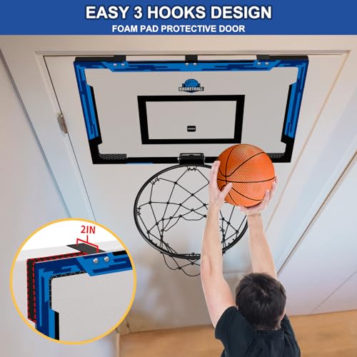 HYES 24x16 Inch Over The Door Basketball Hoop - Blue, Indoor Adult & Kid