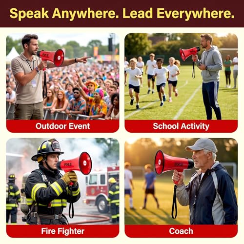 Pyle Rechargeable Bullhorn Megaphone with Voice Recording, AUX, Siren - Deep Red