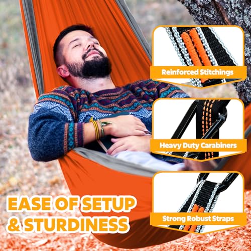 Ultra-Light Travel Camping Hammock Orange/Grey 275x140cm - 300kg Capacity