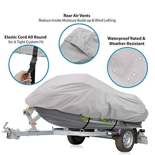 Pyle Waterproof Heavy Duty Jet ski Cover - 139¡¯¡¯ - 145¡¯¡¯ Inch Resistant Watercraft Storage Cover with Adjustable Strap & Elastic Cord for Tight Custom Fit - Marine Grade Protection PCVJS14 , Gray
